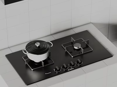 Modern Kitchen Gas Cooktop With Pot Lid And Control Knobs On White Tiled Surface 3d model
