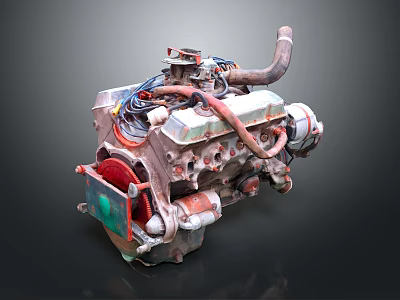 Detailed Industrial Engine With Pipes Cables Red Fan And Metal Parts 3d model