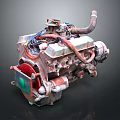 Detailed Industrial Engine With Pipes Cables Red Fan And Metal Parts