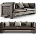 Modern Brown Leather Two Seater Sofa With Woven Design Pillows And Metal Accents