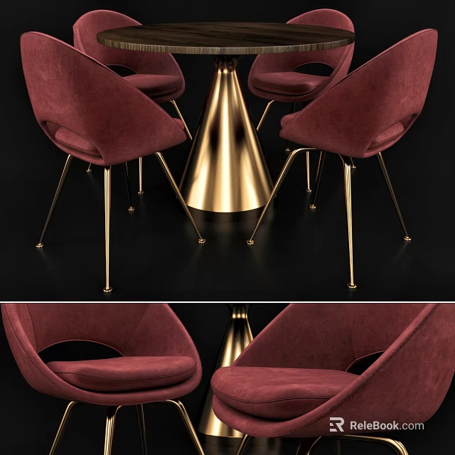 Burgundy Velvet Dining Chairs With Gold Metal Legs And Cone Base Table Set 3d model 
