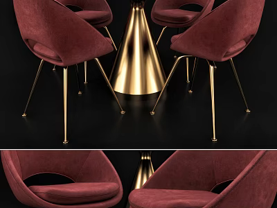 Burgundy Velvet Dining Chairs With Gold Metal Legs And Cone Base Table Set 3d model