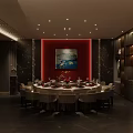 Elegant Private Dining Room With Round Dining Table Red Accent Wall And Decorative Artwork 3d model