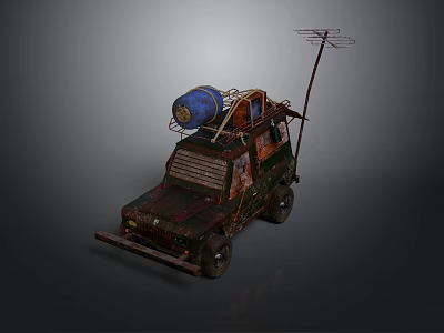 Rusty Off Road Vehicle With Blue Barrel And Antenna On Roof 3d model