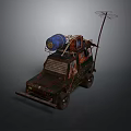 Rusty Off Road Vehicle With Blue Barrel And Antenna On Roof