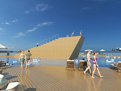 Outdoor Swimming Pool Area With Wooden Deck Sun Loungers And People Relaxing Swimming 3d model
