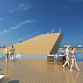 Outdoor Swimming Pool Area With Wooden Deck Sun Loungers And People Relaxing Swimming