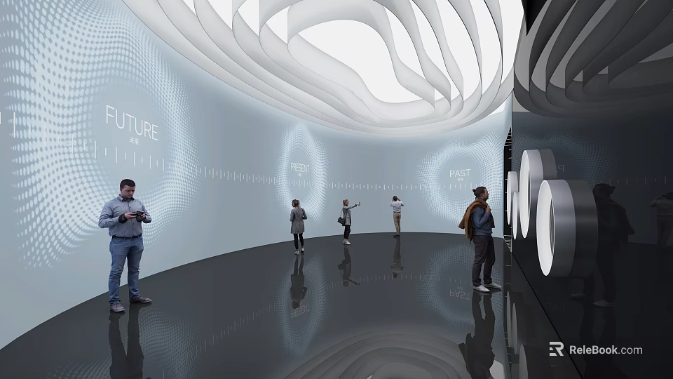 Future Themed Technology Exhibition Hall With Curved White Walls And Visitors Exploring 3d model 