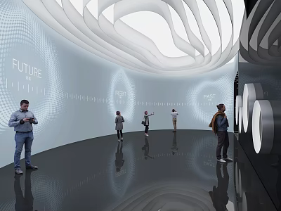 Future Themed Technology Exhibition Hall With Curved White Walls And Visitors Exploring 3d model