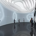 Future Themed Technology Exhibition Hall With Curved White Walls And Visitors Exploring