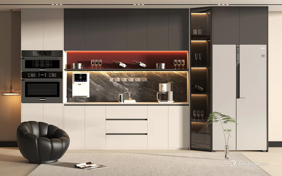 Modern Wine Cabinet With LED Lighting Glass Doors In Elegant Kitchen Interior 3d model 