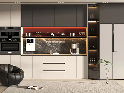 Modern Wine Cabinet With LED Lighting Glass Doors In Elegant Kitchen Interior 3d model