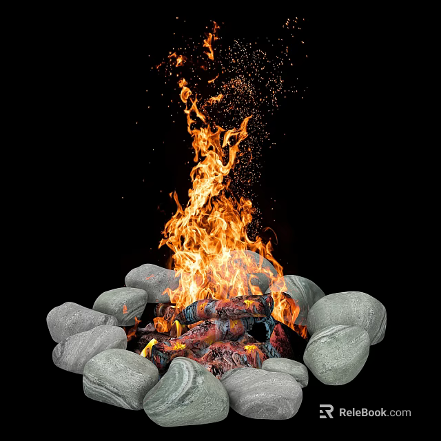 Natural Round Stones Arranged Around Burning Wood Logs With Bright Flames 3d model 