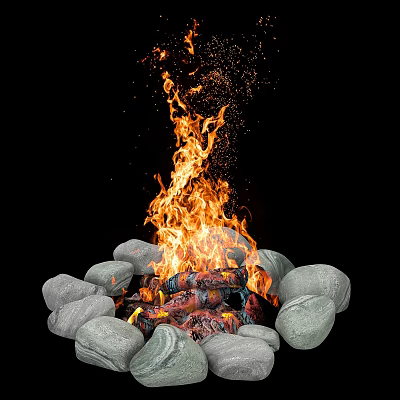 Natural Round Stones Arranged Around Burning Wood Logs With Bright Flames 3d model