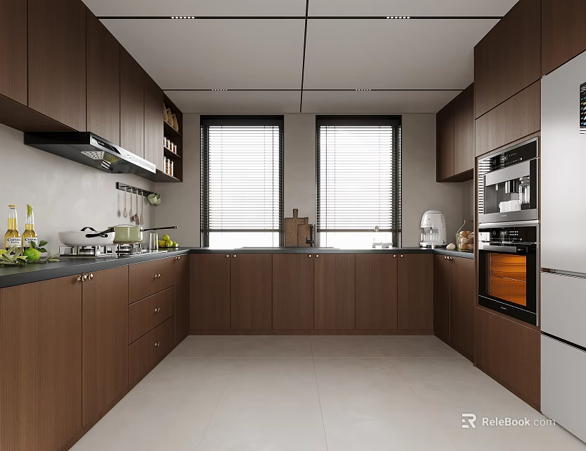 Modern Kitchen Interior With Dark Wood Cabinets Window Blinds Countertop Utensils Oven And Refrigerator 3d model 