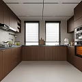 Modern Kitchen Interior With Dark Wood Cabinets Window Blinds Countertop Utensils Oven And Refrigerator