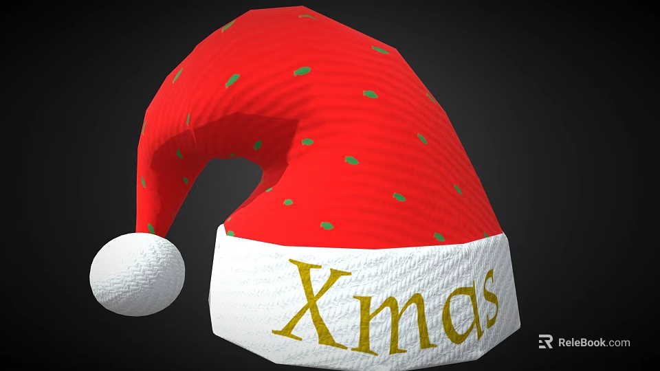 Red Christmas Hat with Green Dots White Brim and Gold Xmas Lettering White Pom-pom Decoration 3d model 