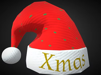 Red Christmas Hat with Green Dots White Brim and Gold Xmas Lettering White Pom-pom Decoration 3d model