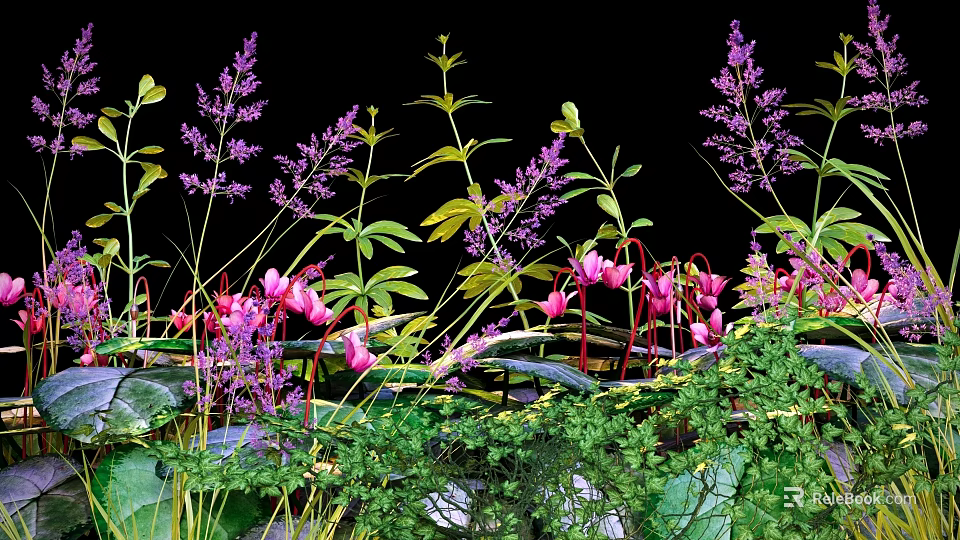 Beautiful Garden Shrubs with Purple Pink Flowers and Green Leaves 3d model 