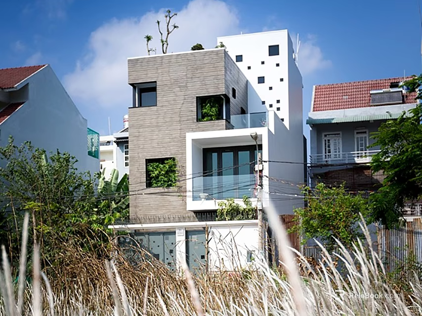 Modern Detached Villa Exterior With Gray White Facade Balcony And Green Plants 3d model 