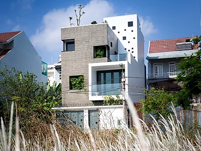Modern Detached Villa Exterior With Gray White Facade Balcony And Green Plants 3d model