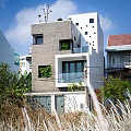 Modern Detached Villa Exterior With Gray White Facade Balcony And Green Plants