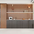 Modern Sideboard with Wooden Backdrop White Countertop Glass Door Cabinet and Decorative Items