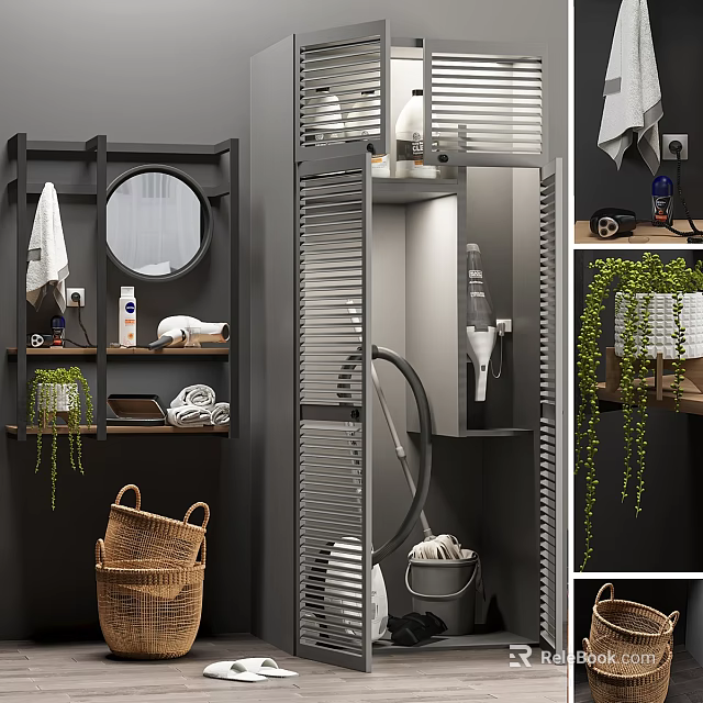 Gray Balcony Cabinet Interior With Louvered Doors Storage Baskets And Hanging Plants 3d model 