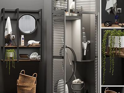 Gray Balcony Cabinet Interior With Louvered Doors Storage Baskets And Hanging Plants 3d model