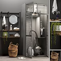 Gray Balcony Cabinet Interior With Louvered Doors Storage Baskets And Hanging Plants