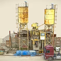 Industrial Factory With Rusty Concrete Silos Crane Gravel Trucks And Equipment