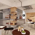 Modern Cozy Cafe Interior With Wooden Shelves Coffee Machine Tables And Chairs