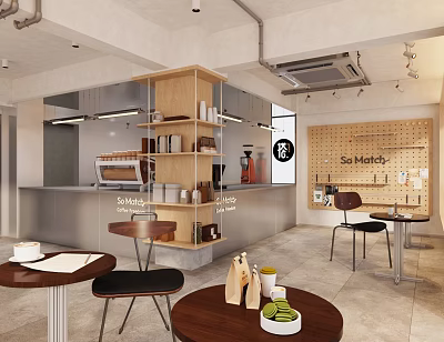 Modern Cozy Cafe Interior With Wooden Shelves Coffee Machine Tables And Chairs 3d model