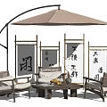Elegant Patio Outdoor Table with Bamboo Screens Calligraphy Brown Umbrella and Chairs