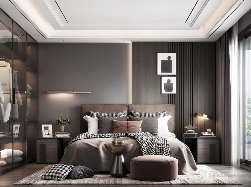 Elegant Modern Bedroom Interior with Wooden Walls Framed Art Nightstands Lamps Throw Pillows and Rug 3d model 