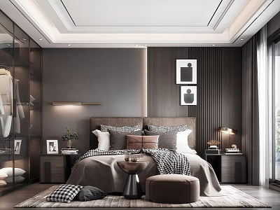 Elegant Modern Bedroom Interior with Wooden Walls Framed Art Nightstands Lamps Throw Pillows and Rug 3d model
