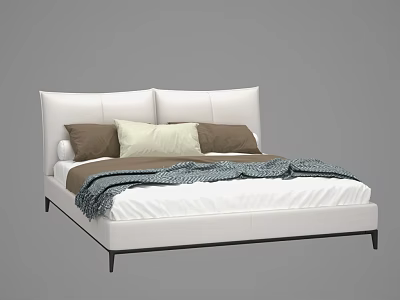Double Bed With White Leather Headboard Brown Beige Pillows And Checkered Blanket 3d model