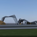 Modern Geometric Building Facade With Wood And Metal Structure Sloped Roof Lines
