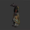 Wolf Headed Man In Traditional Robe With Colorful Sash Clawed Hands And Arm Tassels