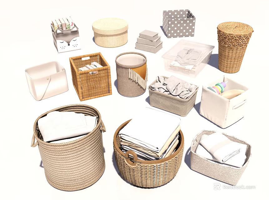 Woven Storage Baskets in Different Sizes for Home Organizing Towels and Books 3d model 
