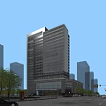 Modern High Rise Office Building Featuring Glass Curtain Wall In Urban Cityscape With Trees