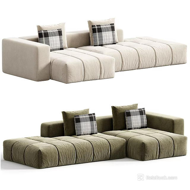 Soft Velvet Sectional Sofa With Plaid Decorative Pillows And Modular Design 3d model
