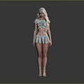 A Woman With Long Blonde Hair Wearing Light Blue Crop Top Short Skirt And Heels