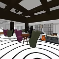 Modern Store Front Desk With Chandelier Seating Area Circular Pattern Carpet And Decorative Accents