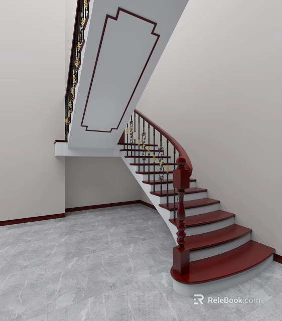 Curved Staircase with Dark Red Steps Black Railings Golden Decorations White Walls and Gray Floor 3d model 