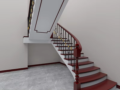 Curved Staircase with Dark Red Steps Black Railings Golden Decorations White Walls and Gray Floor 3d model