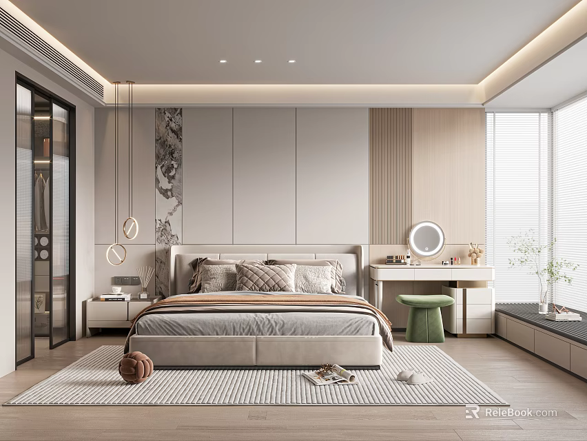 Modern Bedroom Interior Design With Large Bed Nightstand Dressing Table Rug And Wooden Floor 3d model 
