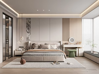 Modern Bedroom Interior Design With Large Bed Nightstand Dressing Table Rug And Wooden Floor 3d model