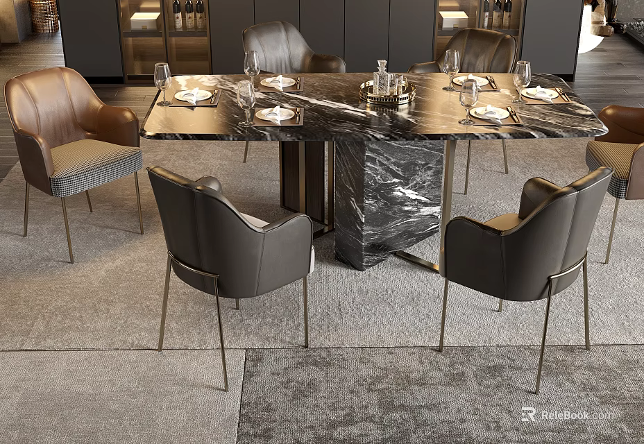Elegant Dining Table Set with Marble Tabletop Leather Chairs Metal Legs and Modern Design 3d model 