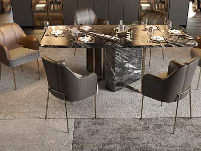 Elegant Dining Table Set with Marble Tabletop Leather Chairs Metal Legs and Modern Design 3d model